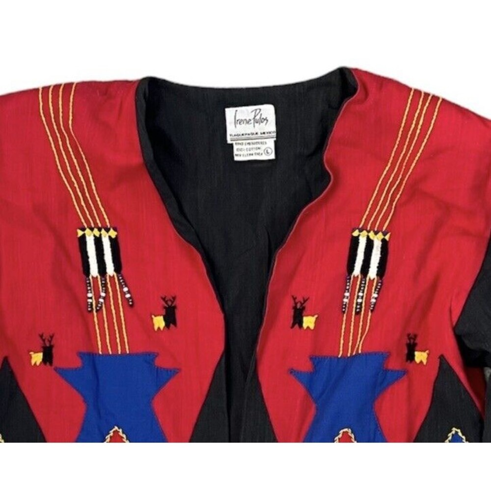 Irene Pulos Vintage Hand Embroidered Aztec Open Front Colorful Jacket Size L - Picture 2 of 6